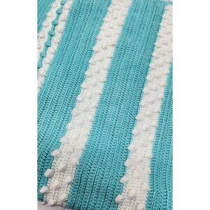 Handmade Striped Crochet Blanket With Bobble Stitch Design In Aqua & White